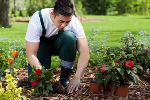 Gardening crew wearing PPE while performing maintenance in a residential garden
